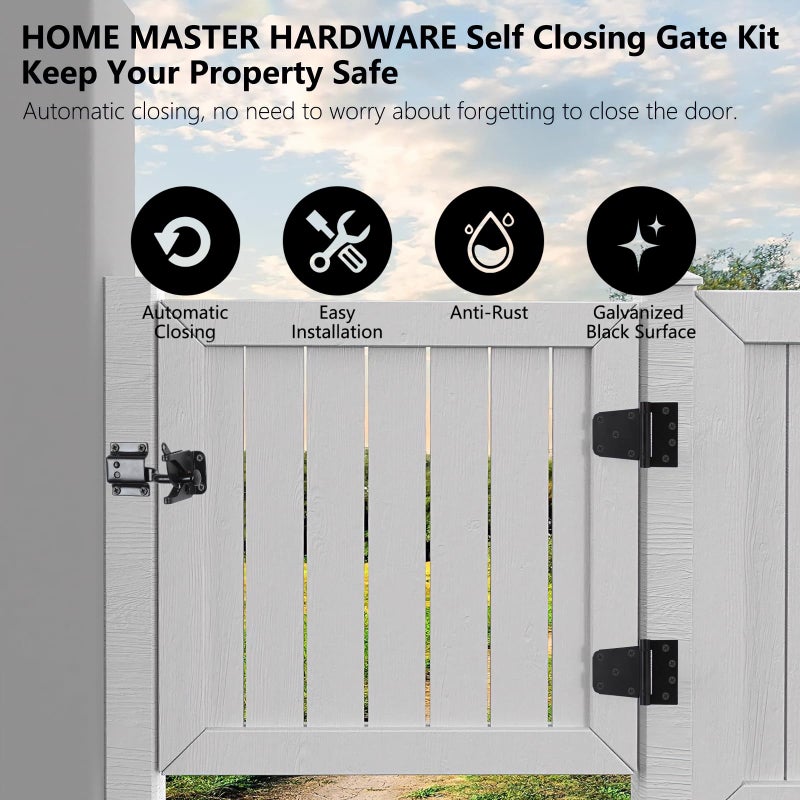 HOME MASTER HARDWARE Self-Closing Gate Kit Black - 3.5 in Spring Tee Hinges 2 Pack + Self-Adjusting Gate Latch 1 Pack - Image 3